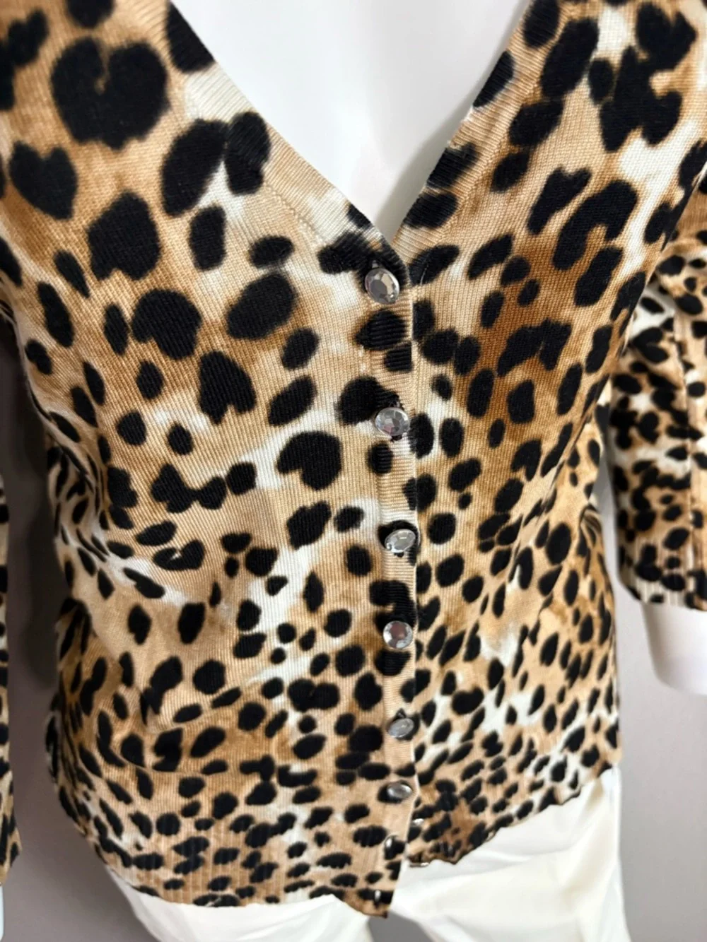 Premise Leopard Print Button-Front Cardigan in Tan Black Cream - Picture 4 of 5
